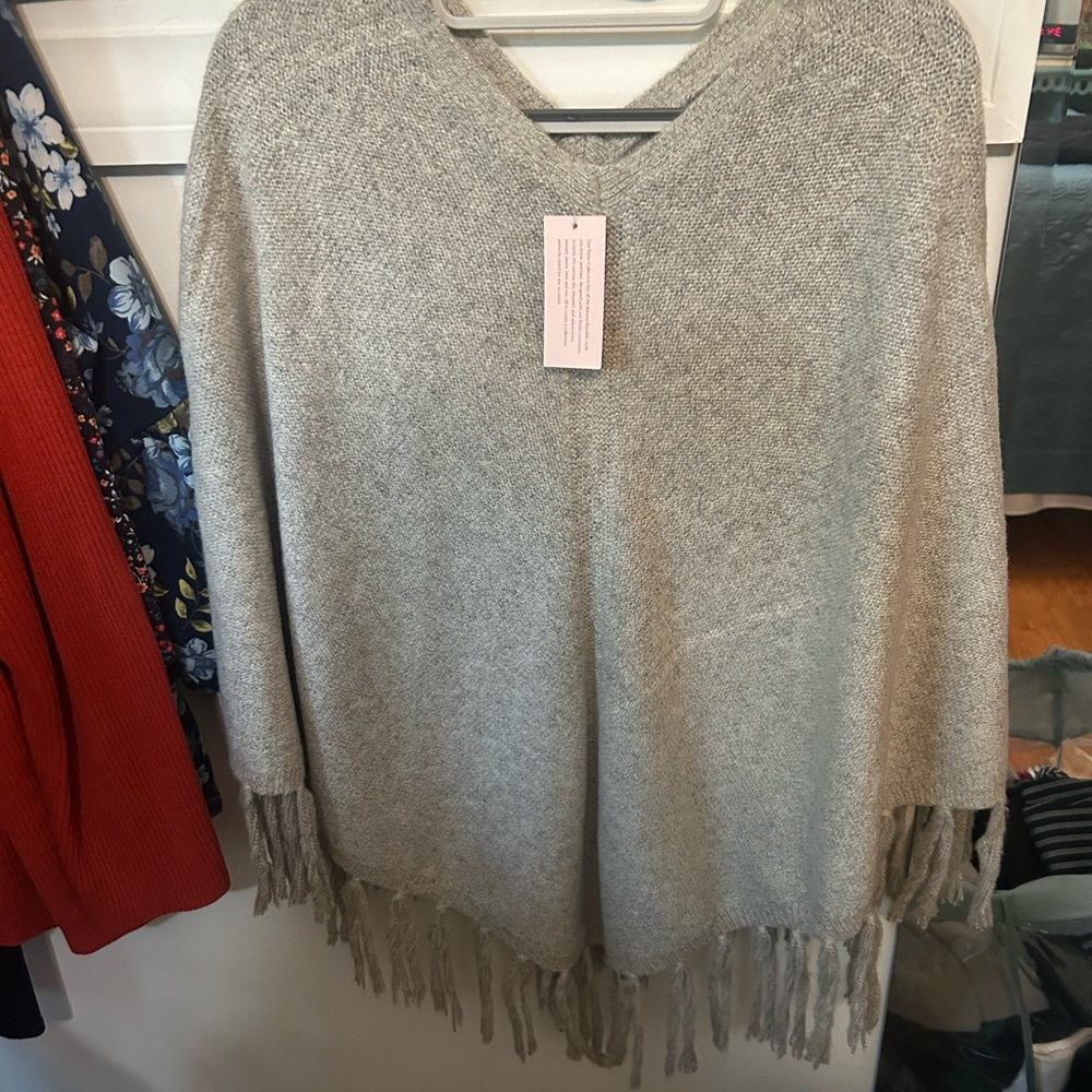 Banana Republic Gray Poncho Sweater with Fringe